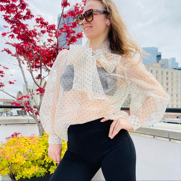 COPY - Transparent Polka Dot Puff Sleeve Shirt Bishop Statement Sleeves Neck Bow - Picture 5 of 16